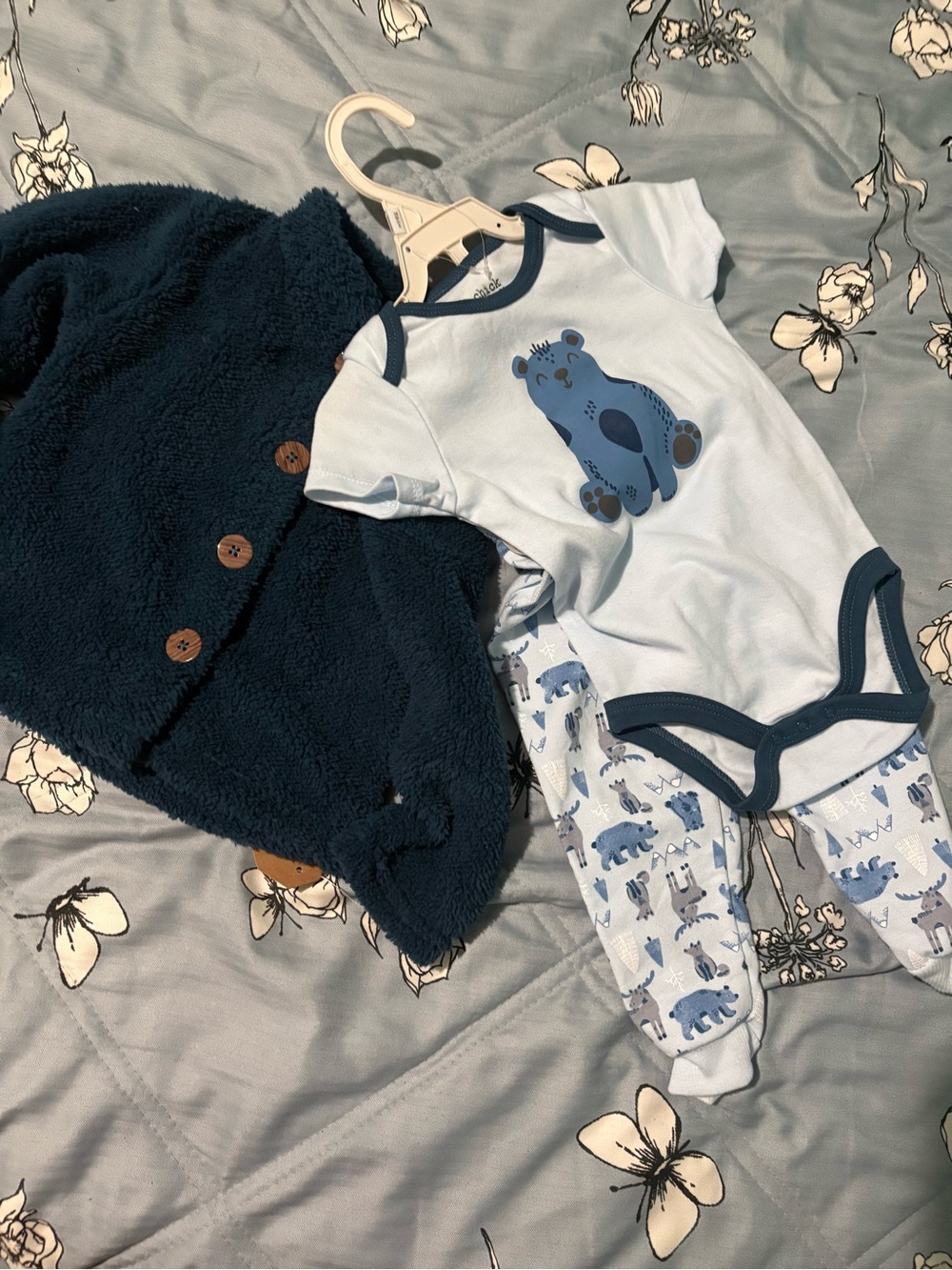 chick pea Light Blue Bear Bodysuit and Printed Pants Set with Navy Trim